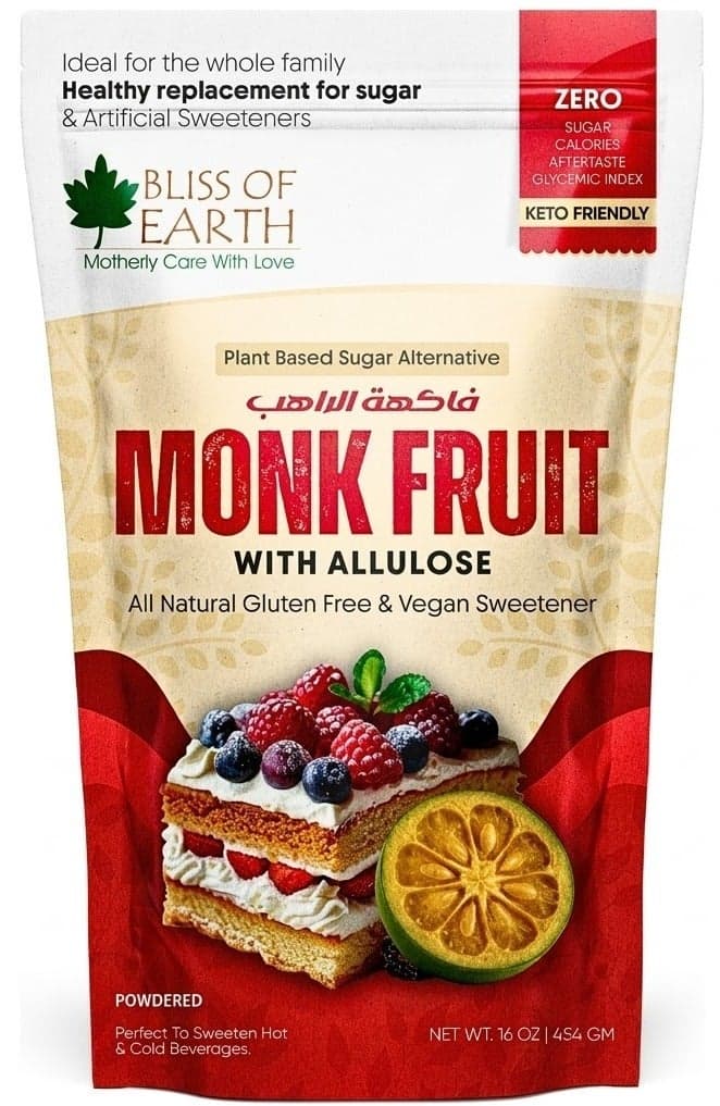 Bliss of Earth Monk Fruit Sweetener with Allulose, 454g | Zero Calorie Natural Sugar Substitute, Keto & Diabetic Friendly, Vegan, Gluten-Free Powdered Sugar Alternative for Coffee, Tea & Baking