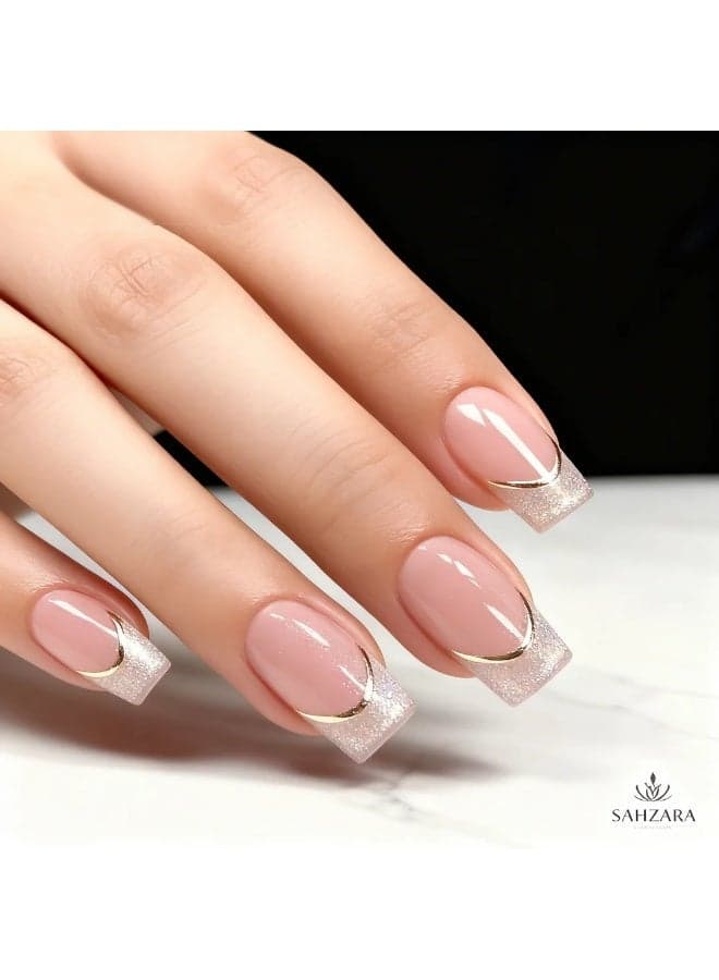 Nude Pink French Press On Nails Square Glitter Tip Artificial Nails Gold Line Accent 24PCS Full Cover Reusable False Nails Glossy Salon Look Bridal Manicure Set