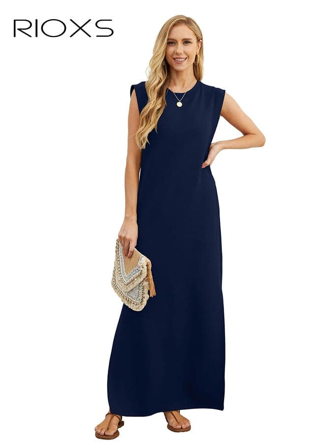 Women's Dresses, Round Neck Long Dress, Casual Loose Split Wrinkle-Free Dress, Ladies Maxi Dress With Side Pockets, Classic Soild Color Sleeveless Dress, Ankle Length Dresses For Women, Trendy Dress For Work/ Vacation/ Shopping/ Daily Wear