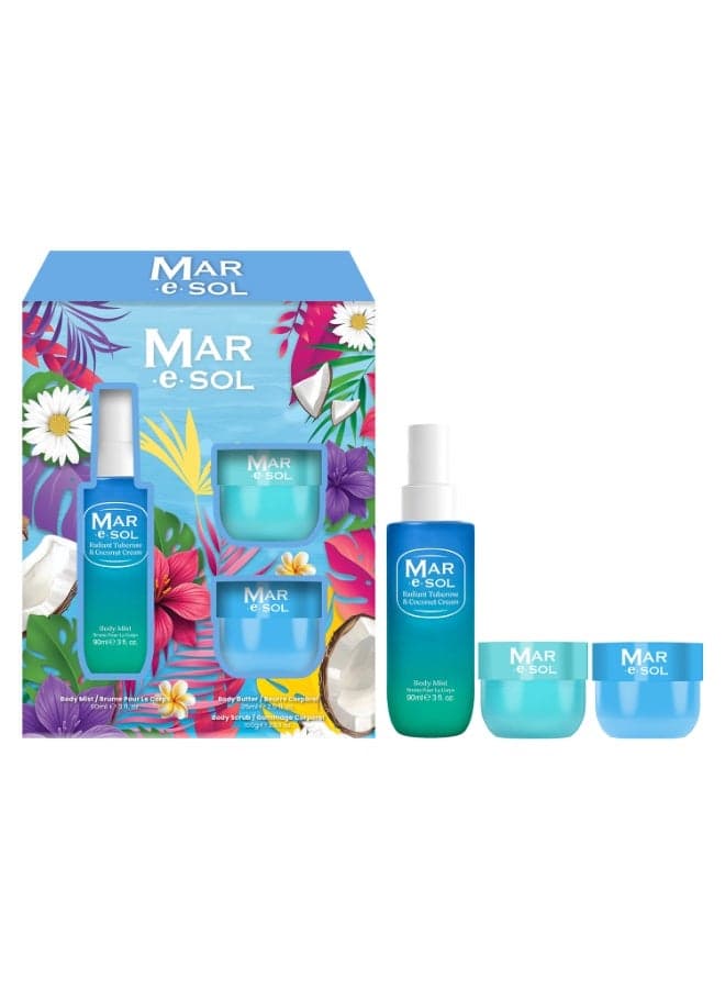Mar.e.SOL Radiant Tuberose & Coconut Cream Gift Set – Body Mist 90ml + Body Scrub 100g + Body Butter 75ml | Floral & Creamy Long-Lasting Fragrance | Hydrating Body Care Gift Set for Women