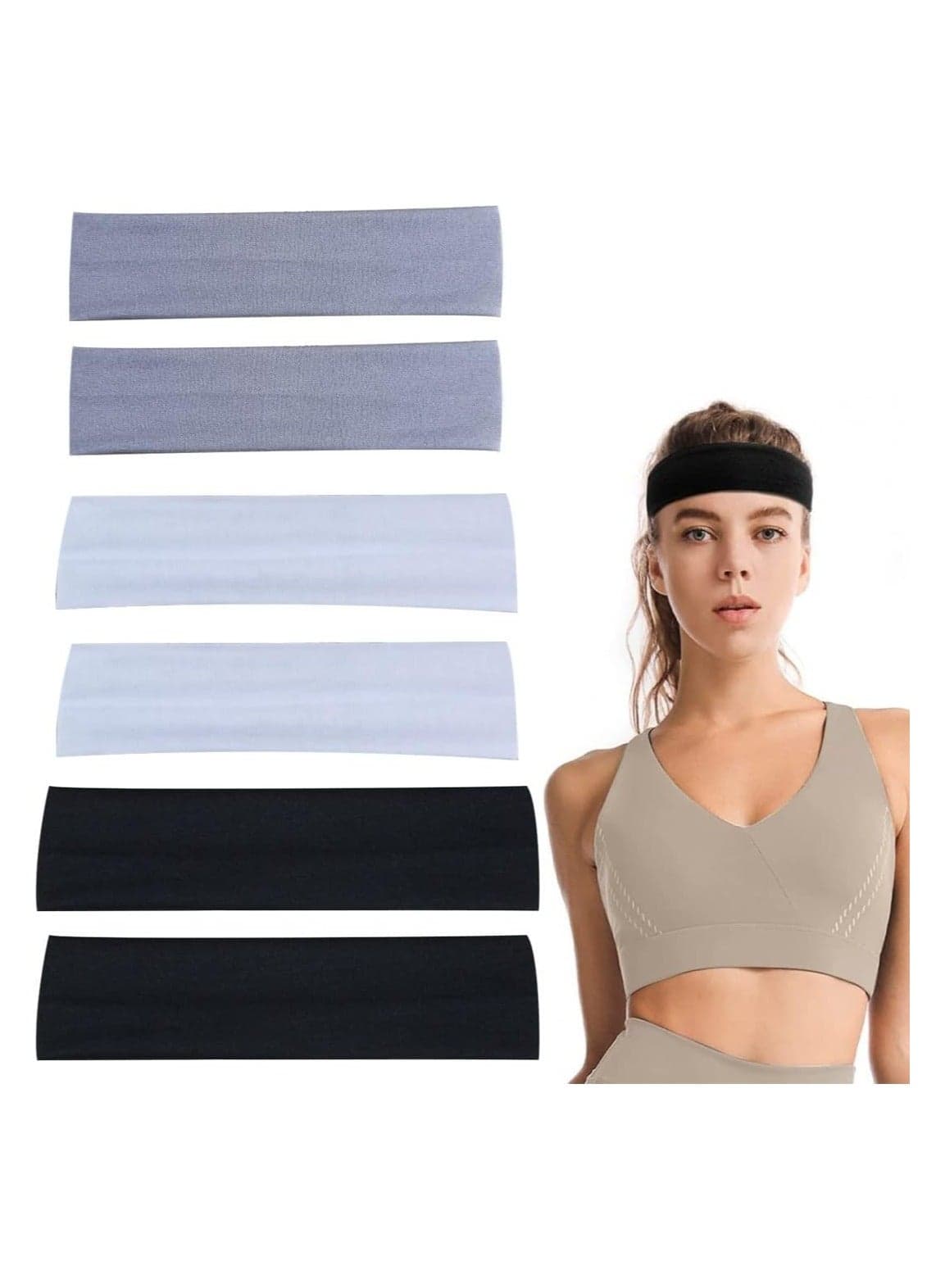 Pack of 6 Sports Headbands, Sweatbands, Hair Band, Non-Slip Hairband, Sporty Headband, Moisture Wicking Sweatband for Jogging, Yoga, Cycling, Fitness for Men and Women