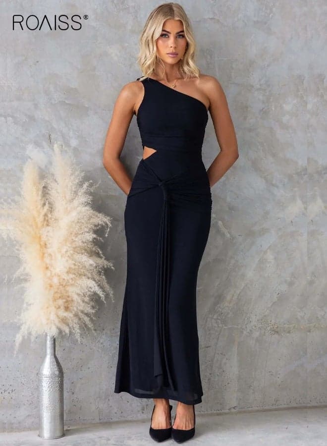 Women's One-Shoulder Black Dress Summer Elegant Temperament Mesh Tie Dress Sleeveless Slant Collar Waist Hollow Ladies Ankle Length Dress Black