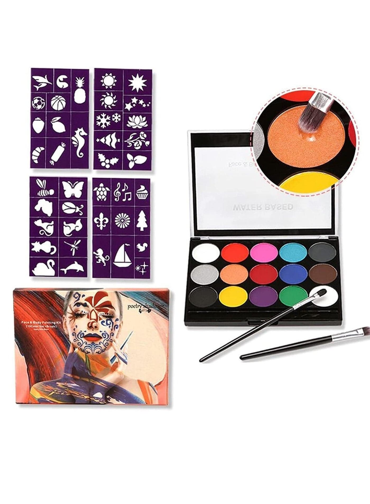 Face Painting Kit - 15 Water Based Face Paint Colors,2 Brushes,4 Stencils Professional Face Body Paint Palette Set for Teens & Adults Halloween Party Cosplay Costume Makeup,Easy to Clean