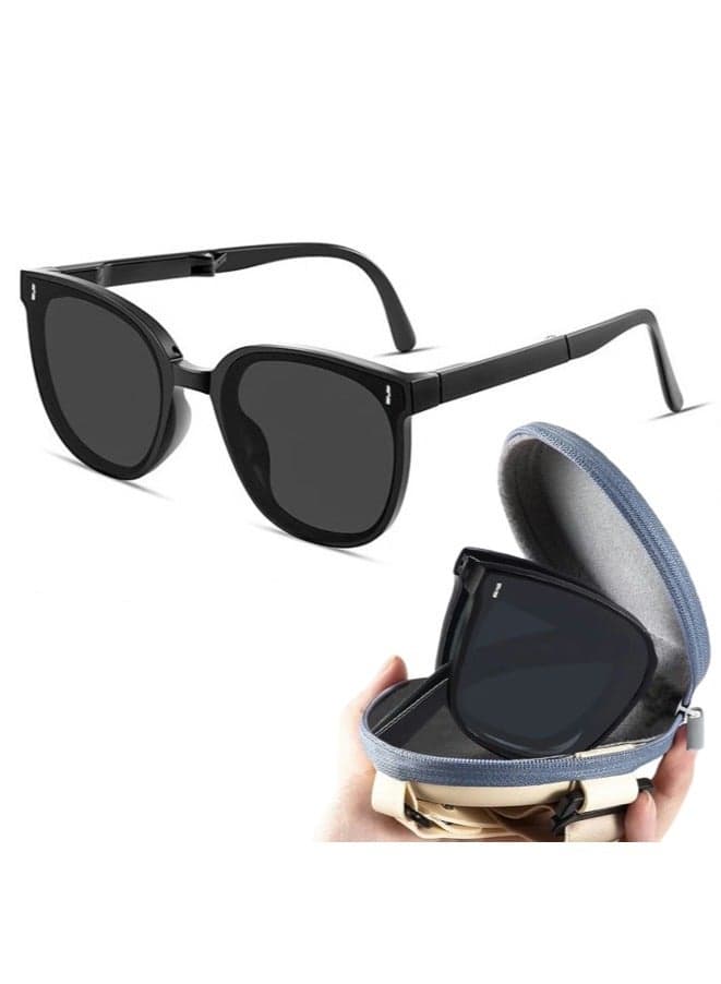 Foldable Sunglasse with Bag Women and Men Square Folding Easy Carry Foldable Shades UV400 Protection Lens Sun Protection Sunglasses Suitable for Summer Outdoor Beach Travel Camping Black