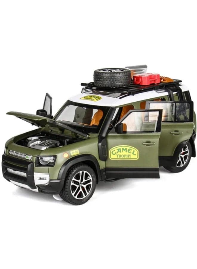 1:24 Alloy Rover Defender Toy Car – Diecast Model with Tools, Sound & Light, Pull Back Action – Gift for Kids