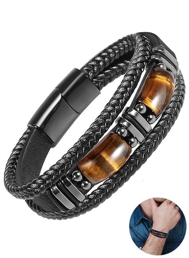 Tiger Eye Black Leather Bracelet, Men Natural Tiger Eye Gemstone Crystal Stone Jewelry Handmade Courage And Stress Relief Protection Bracelet