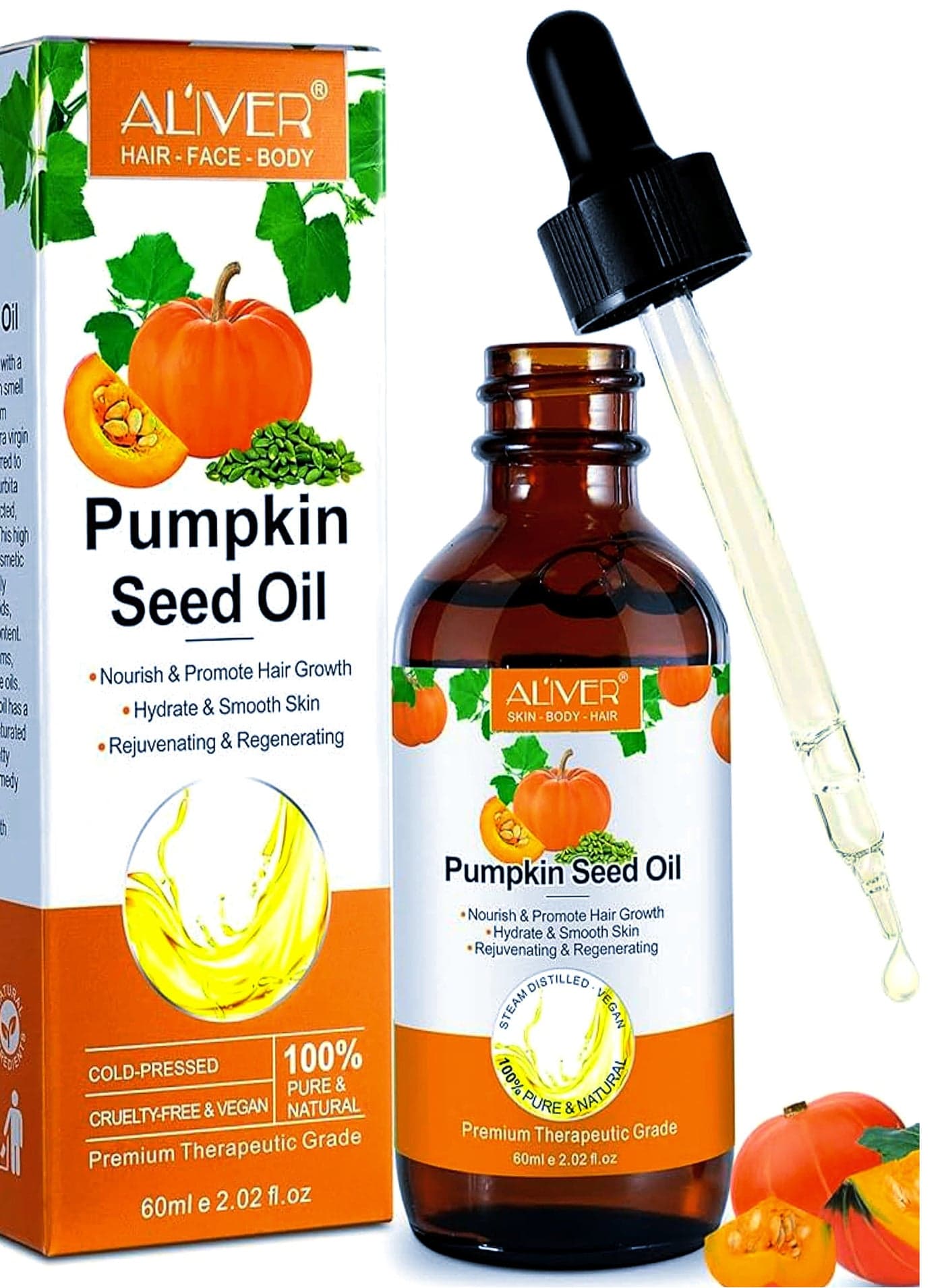 ALIVER Organic Pumpkin Seed Oil for Hair Growth, Pumpkin Seed Oil for Skin, Face, Hair Care, Eyebrow and Eyelash Growth 100% Pure Natural, Improve Hair Loss and Nourishes Scalp for Men and Women, 60ml