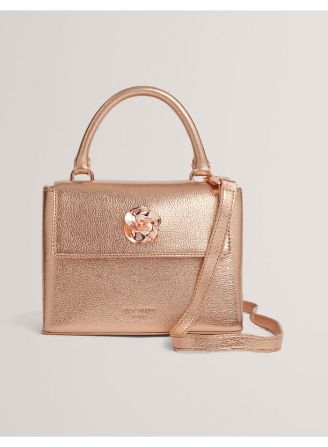 Rose Detail Mini Metallic Top Handle Bag