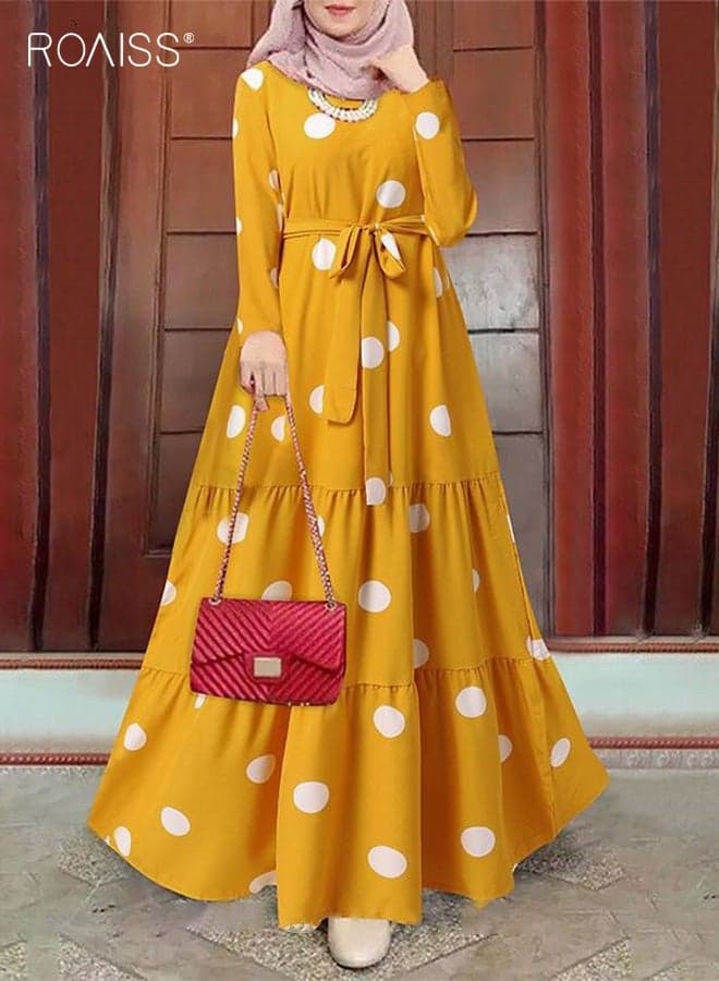 Women Polka Dot Frock with Belt, Round Neck Long Sleeve A-Line Dress, Stylish Elegant Maxi Dress for Ladies, Perfect for Daily Wear and Outdoor Activities