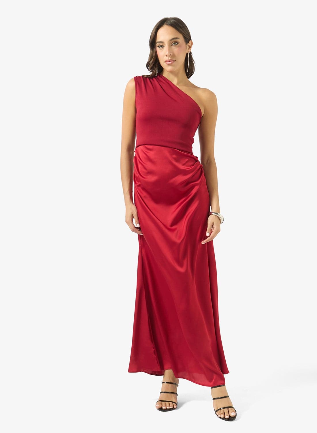 One Shoulder Draped Waist Satin Dress