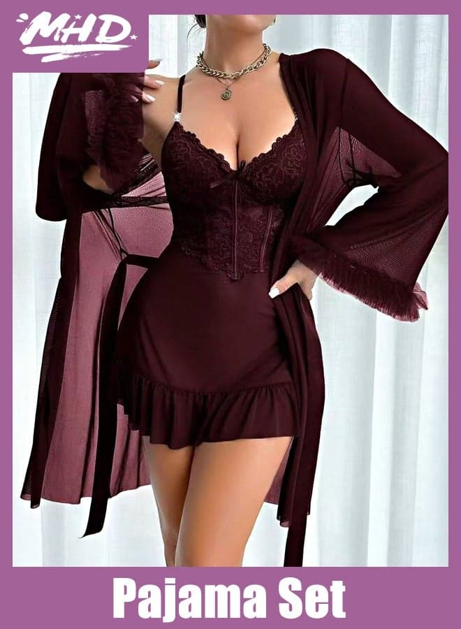 2pcs Set: Fishbone Style Cinch Waist Lace Cami Nightgown & Wide Sleeve Mesh Robe