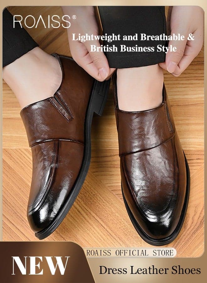 Men's Business Formal Leather Shoes, Genuine Leather British Style Slip on Casual Shoes for Men, Breathable and Wear Resistant Comfortable Textured Waterproof Shoes, Brown