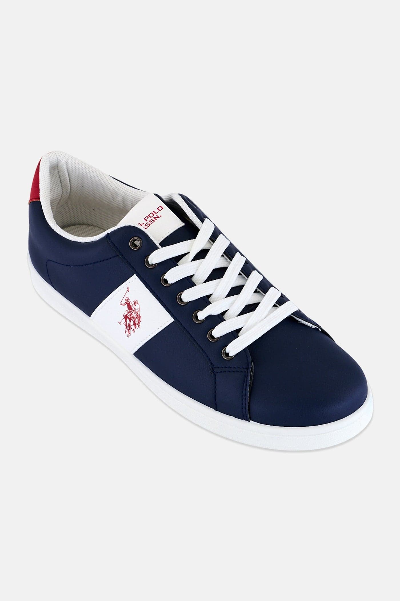 Men Leather Brand Logo Lace Up Sneakers, Navy