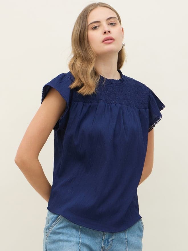 Regular Fit Round Neck Top with Smocked Detail