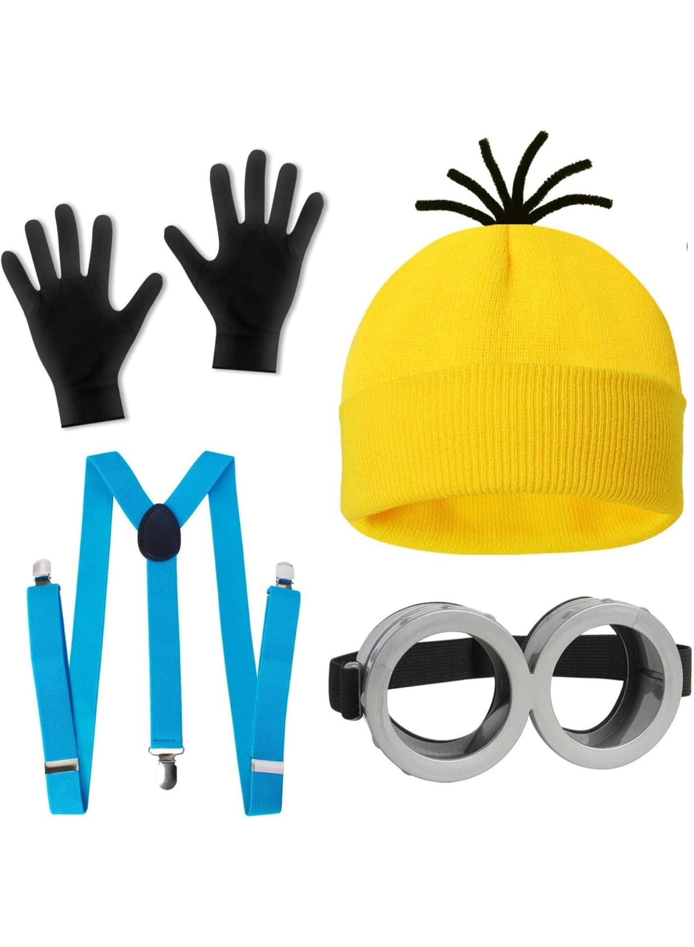 4Pcs Minion Costoum Accessories,Costume Accessories Adult, Yellow Beanie Hats Goggles Gloves uspenders for Cosplay Set Dress Up