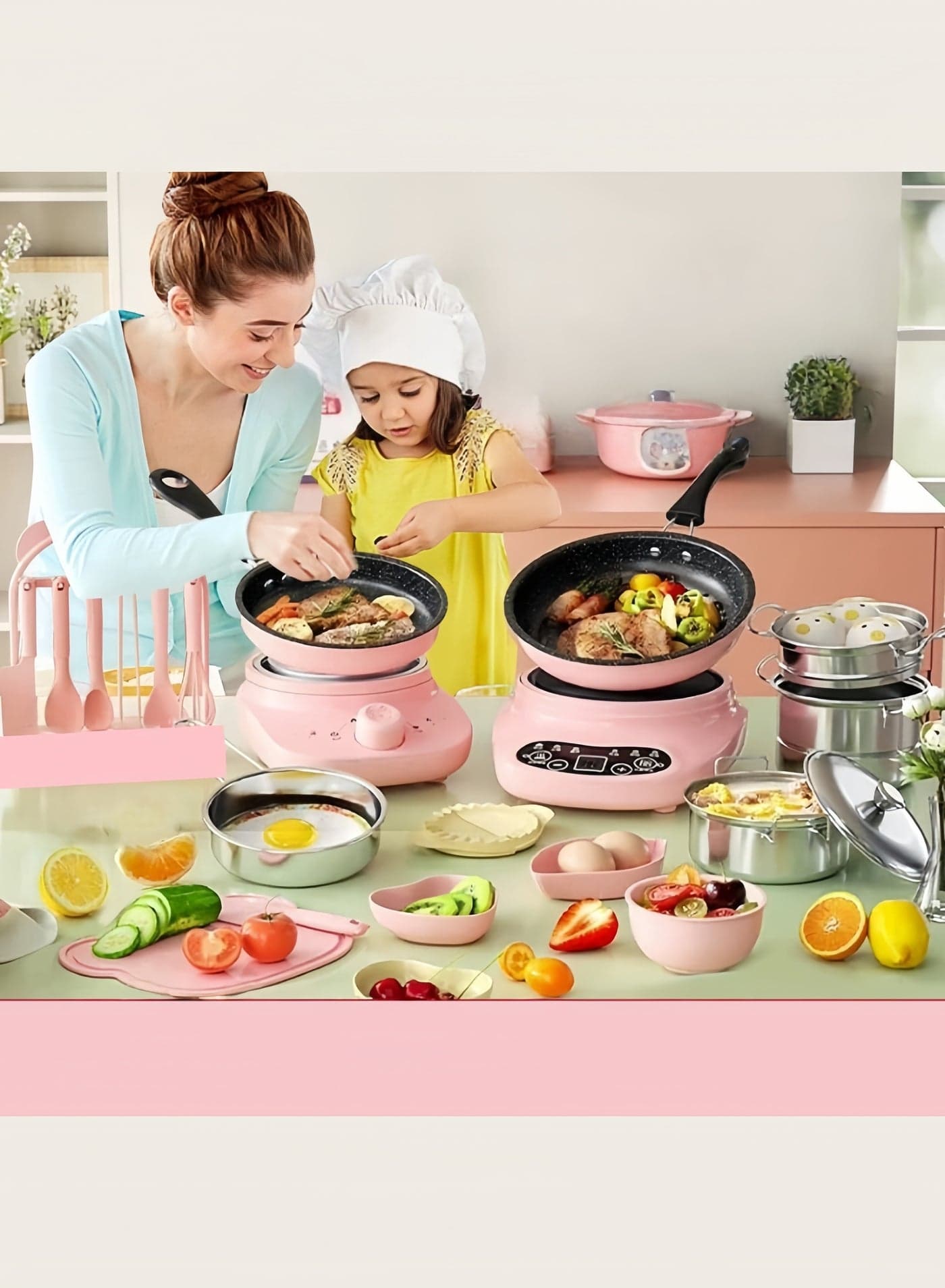 27PCS Electric Cooking Toys Sets Real Junior Easy Montessori Mini Kitchen Safe Toy Set,Real Food Making for Kids 4 Years+ Beginner Cooking Educational Toys(Pink)