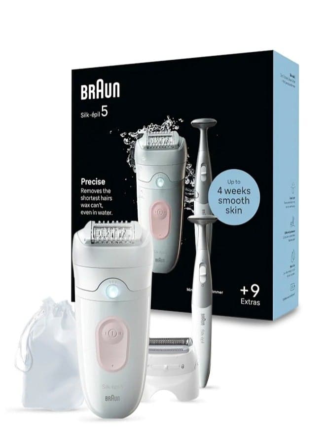 Silk-epil 5 SkinSpa 5-230 Epilator Wet & Dry,Shaver Head, Bikini Trimmer, Trimmer comb, Smart Light, Cleaning Brush, Pouch. + 9 Extra