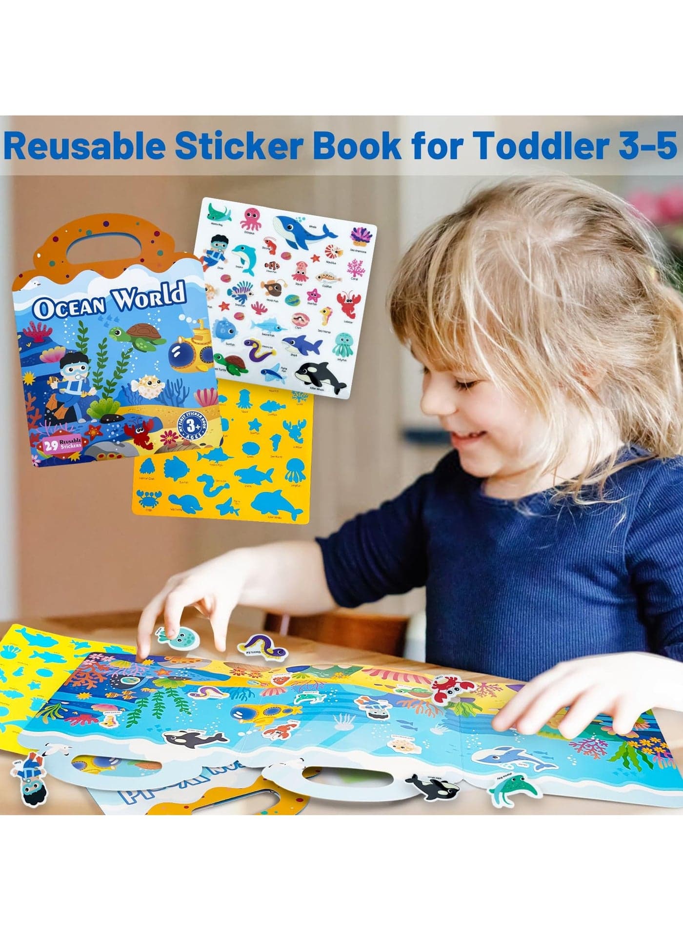 Reusable Sticker Books for Kid, Portable Sticker Activity Book for Age 3-5, Puffy Stickers for Toddlers, Travel Busy Book, Waterproof Jelly Sticker Toy, Ocean World Theme, Gift for Boy & Girl