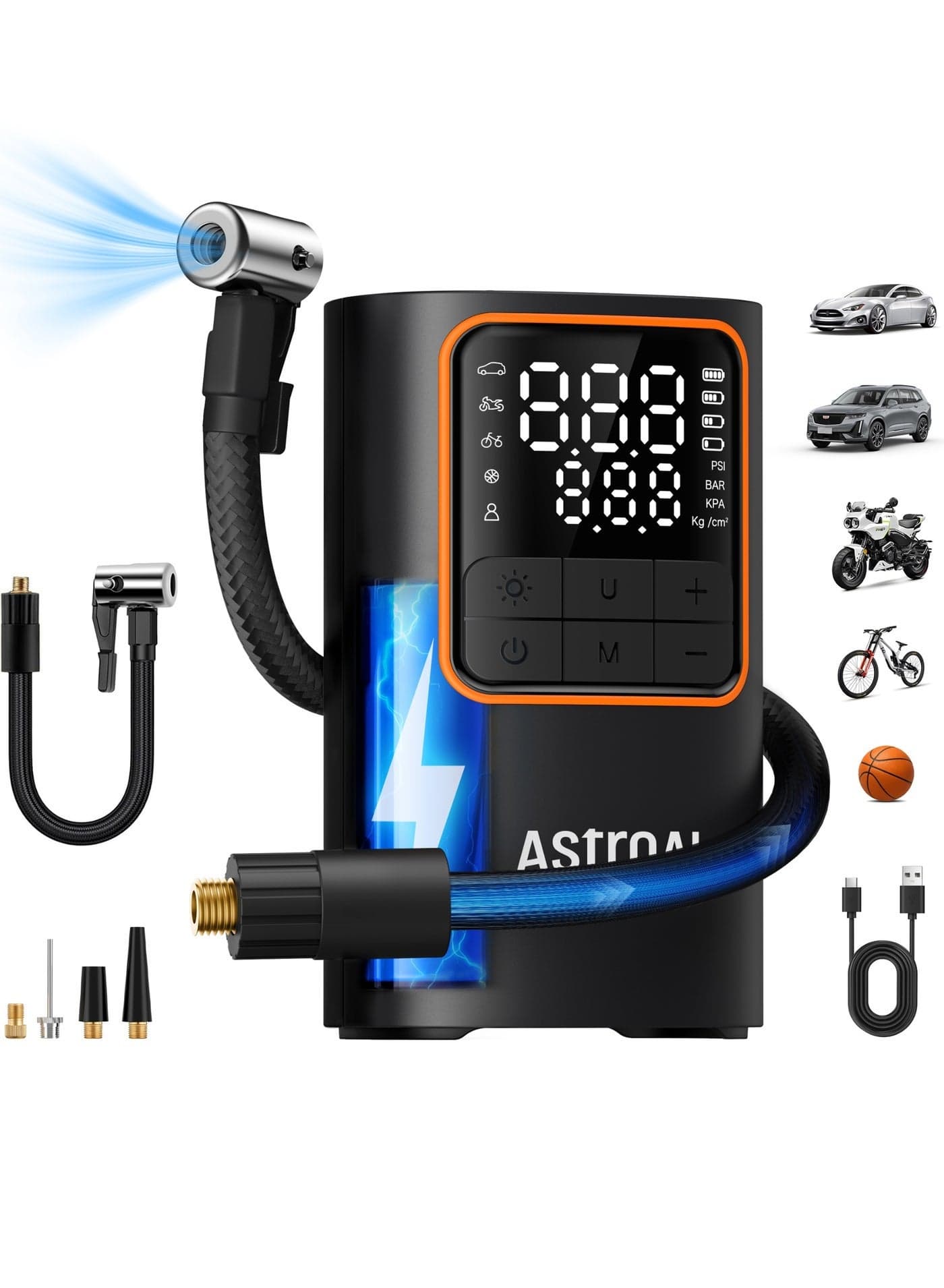 AstroAI Cordless Portable Car Tyre Inflator L7Pro 5200mAh 150 PSI Car Air Pump Air Compressor with Auto Stop and LED Light Fast Portable Bike Pump 7.4V 2600mAh x 2 Fast Inflation Digital Pressure Gauge with LCD Dual Screen for Car Bicycle Motorcycle Ball