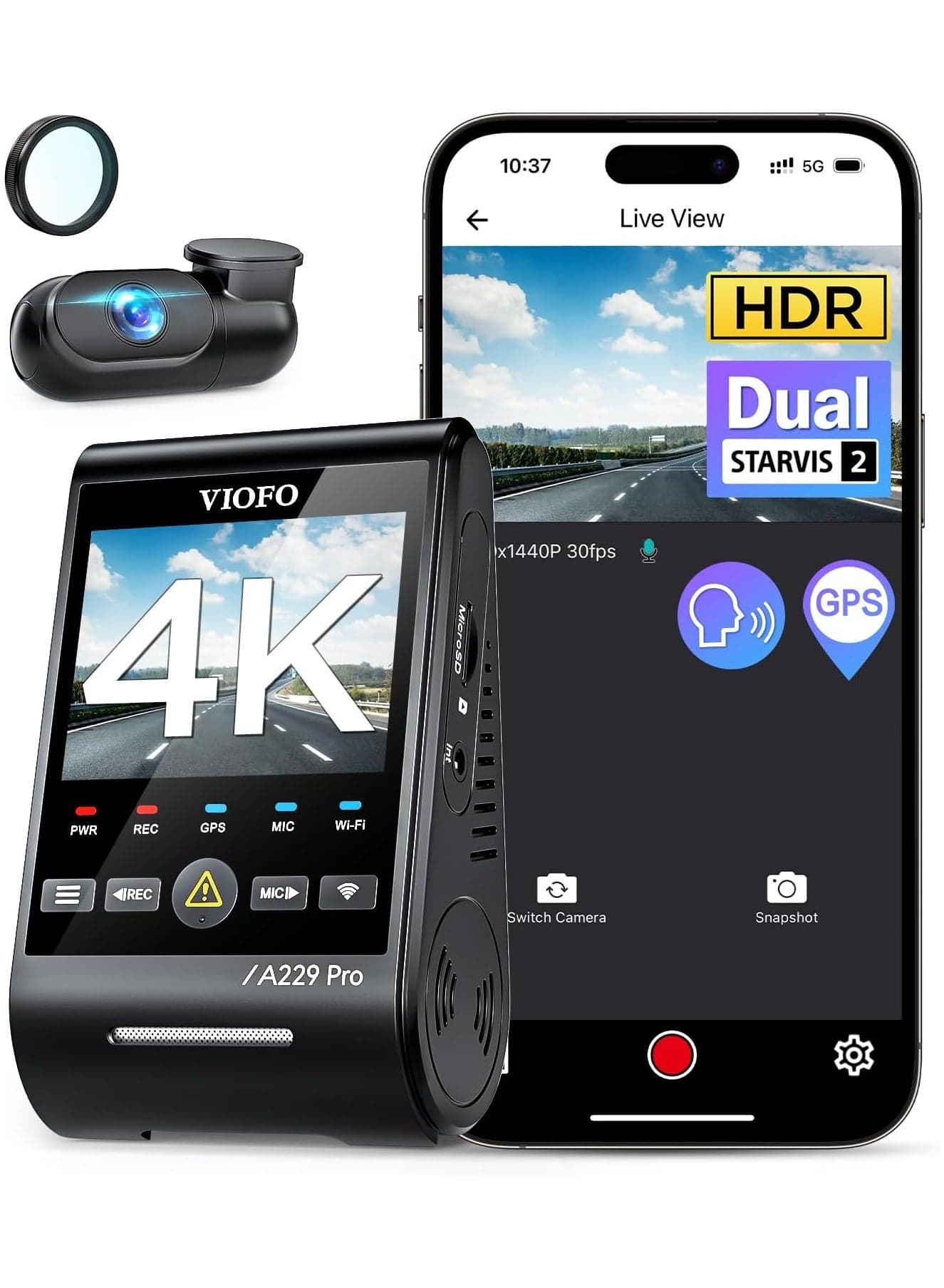 VIOFO A229 Pro 4K HDR Dash Cam, Dual STARVIS 2 IMX678 IMX675, 4K+2K Front and Rear Car Camera, 2 Channel with HDR, Voice Control, 5GHz GPS, Night Vision 2.0, Support 512GB Max