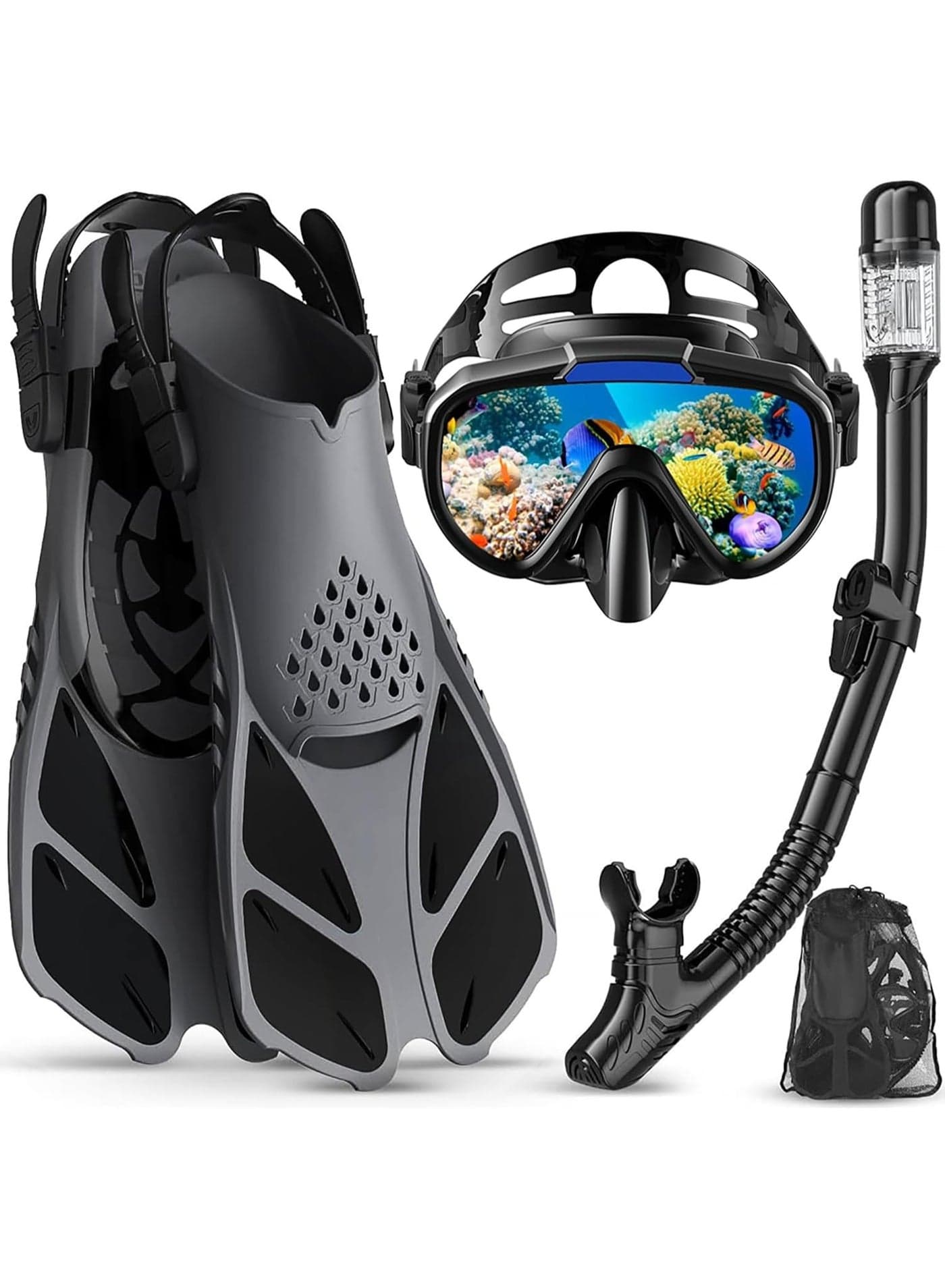 Mask Fin Snorkel Set with Adult Snorkeling Gear, Panoramic View Diving Mask, Trek Fin, Dry Top Snorkel +Travel Bags, Snorkel for Lap Swimming