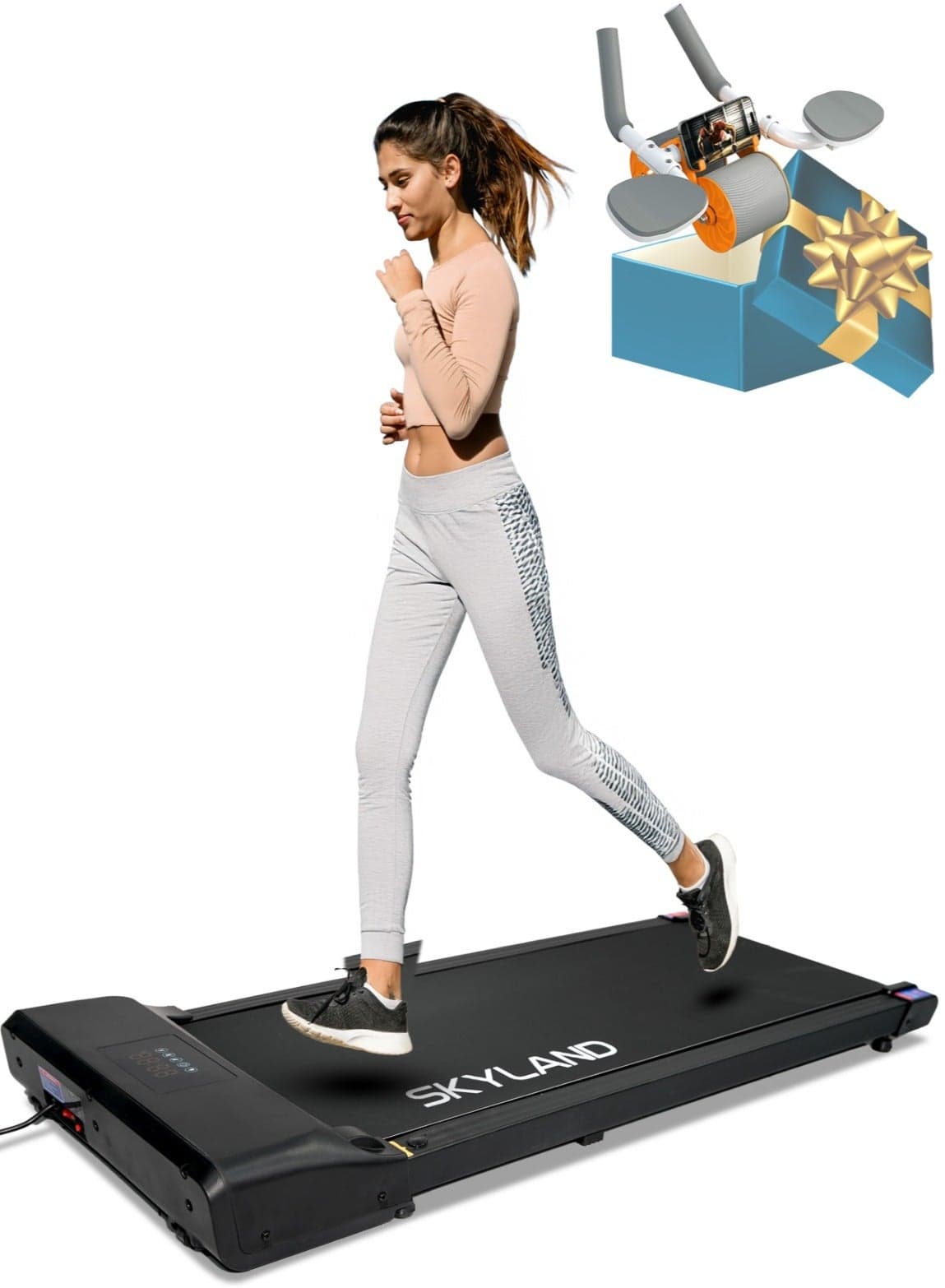 Compact Walking Pad Treadmill for Home & Office | Ultra Slim, Portable, Bluetooth, Remote Control, LED Display, Quiet Running Machines + Free Ab Roller with Automatic Rebound & Elbow Support – Core Strength Trainer
