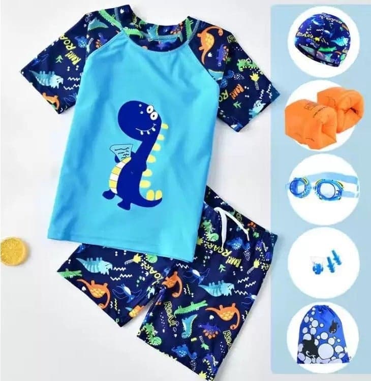 Boys 7 PCS Dinosaur Swimsuit with Swimming Accessories, Quick-drying Swim Set with Top, Elastic Waist Shorts, Cap, Swimming Goggles, Nose Clip, Earplugs, 2-Pack Nflatable Ones Swim Aquatic Cuffs, Summer Bathing Suit for Water Aerobics, Convenient Swim Gear for Improving Technique, Ideal for Swimming Training & Learning, Rash Guard Swimsuits for Boys, 2XL, 110CM - 120CM