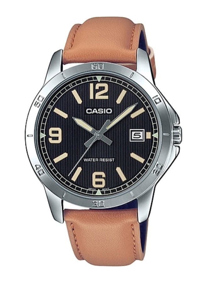 Men Leather Round Shape Analog Watch MTP-V004L-1B2UDF - 42 mm - Brown