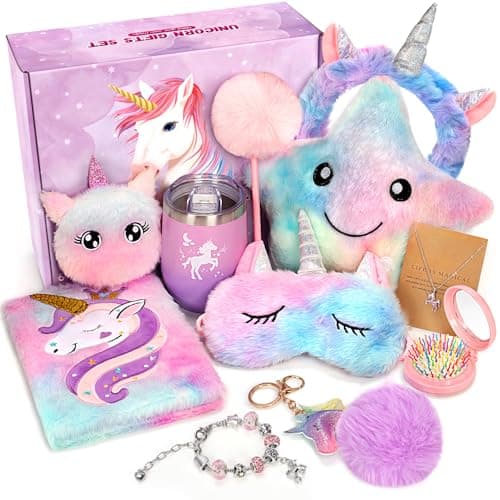 Unicorns Gifts for Girls 5 6 7 8 9 10 Years Old Kids Toys Set for Teens Girls Birthday Gifts Christmas Unicorn Toys with Light Up Soft Plush Star Pillow Diary Notebook Headband Water Bottle
