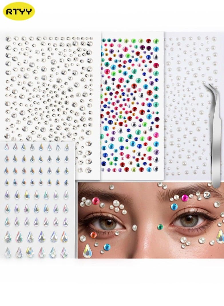 4-Sheet Face Gems Self Adhesive Face Rhinestones Nail Self Adhesive Rhinestones Hair Pearls Accessories Eye Gems Jewelryfor Makeup Festival,Pearl Rhinestones Stickers for Face, Hair, Eye