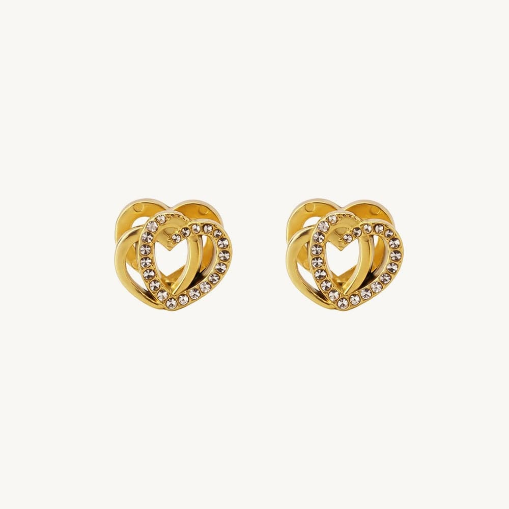 18K Gold Tone Plated Dual Interwind Heart Stud Earrings For Women - Waterproof & Anti-Tarnish