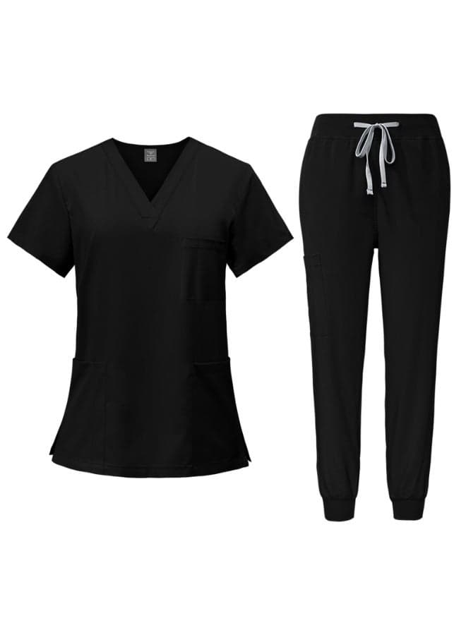 Men Women's Medical Scrubs Set V-neck Top & Tapered Leg Jogger Pants with Drawstring Medical Nurse Uniform for Hospital Scrub Suit Uniforms for Summer (Black)