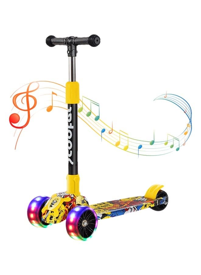 Flash wheel music light folding kick scooter for kids,3 wheels toddlers scooter for 6 years old boys and girls learn to steer black kids scooter 3 adjustable height extra wide deck
