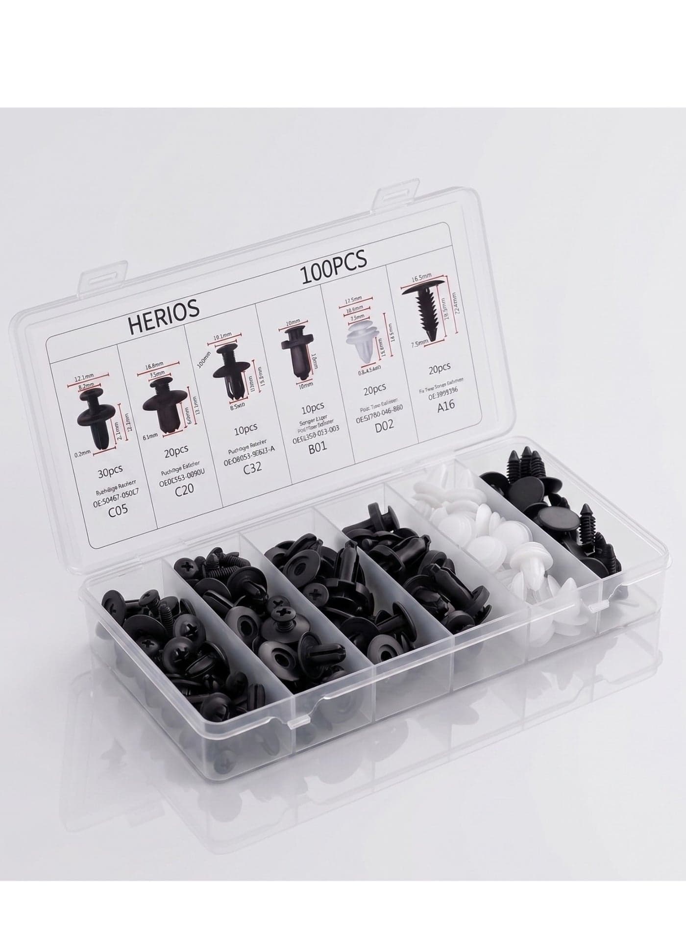 100-Piece Bumper Clips Car Plastic Rivets Fasteners Push Retainer Kit, 6 Sizes, for Bumper, Fender, Door Trim, Side Panel