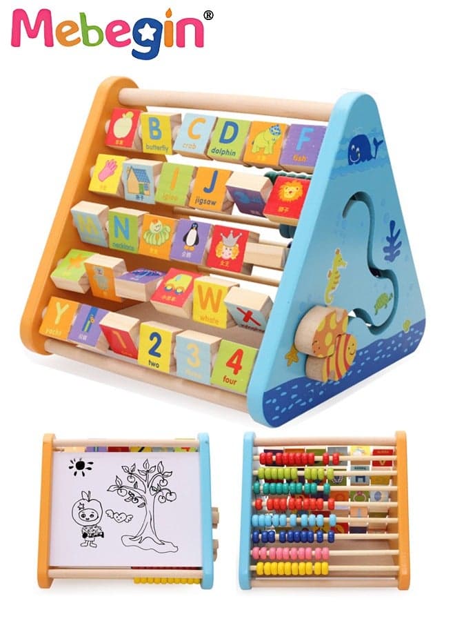 5-in-1 Wooden Activity Centre Triangle Toys, Flipping 26 Alphabet Blocks and 4 Numbers Blocks with Pictures and English Words, Early Learning Toy for Toddlers, Creative Early Enlightenment Tool, Montessori Learning Wooden Toys