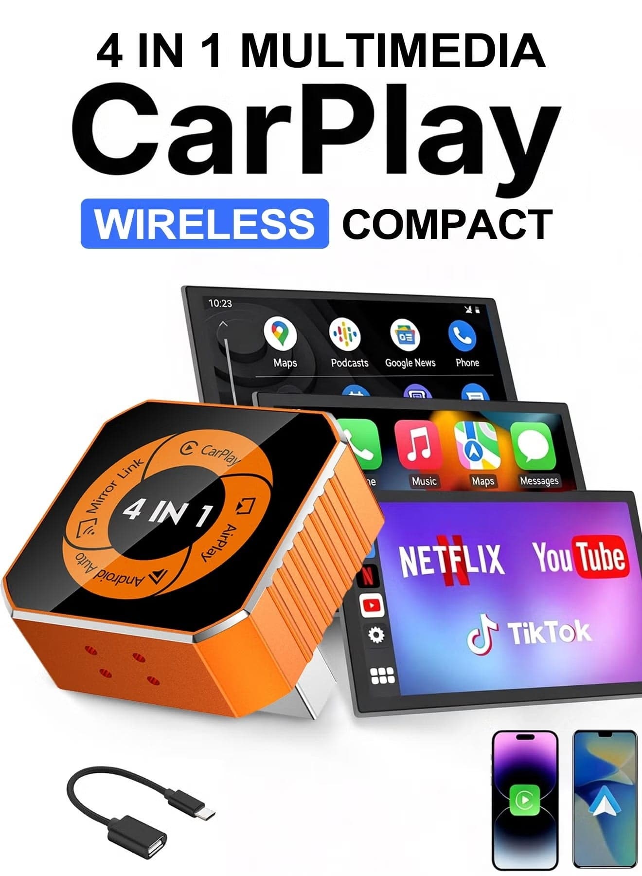 4-in-1 Wireless CarPlay & Android Auto Adapter with Video Streaming, New Upgraded Dongle for YouTube, Netflix, TikTok via AirPlay & MirrorLink, Bluetooth 5.3, Plug & Play, Mini Adapter with USB/USB-C Port - Fits 98% of Vehicles
