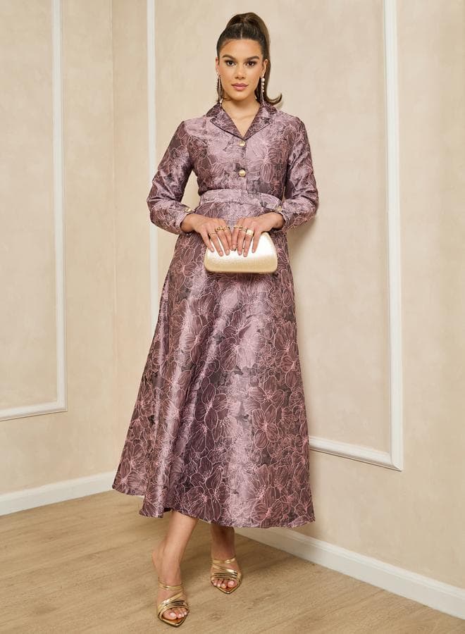 Styli Jacquard Collared Long Sleeves A-Line Maxi Dress