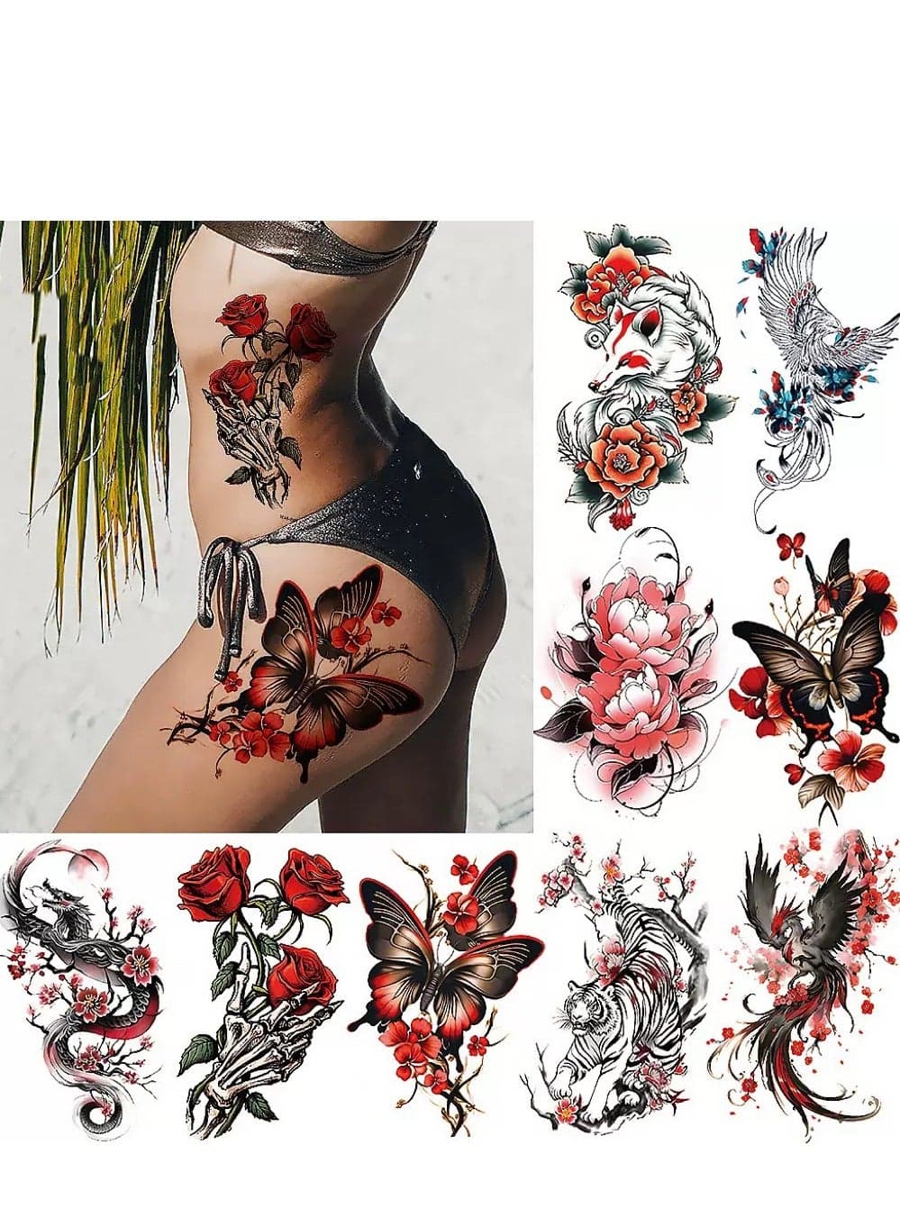 SYNSYB Temporary Tattoos, Large Collection of Waterproof Animal and Floral Designs, Black and Coloured Art Transfers for Men and Women