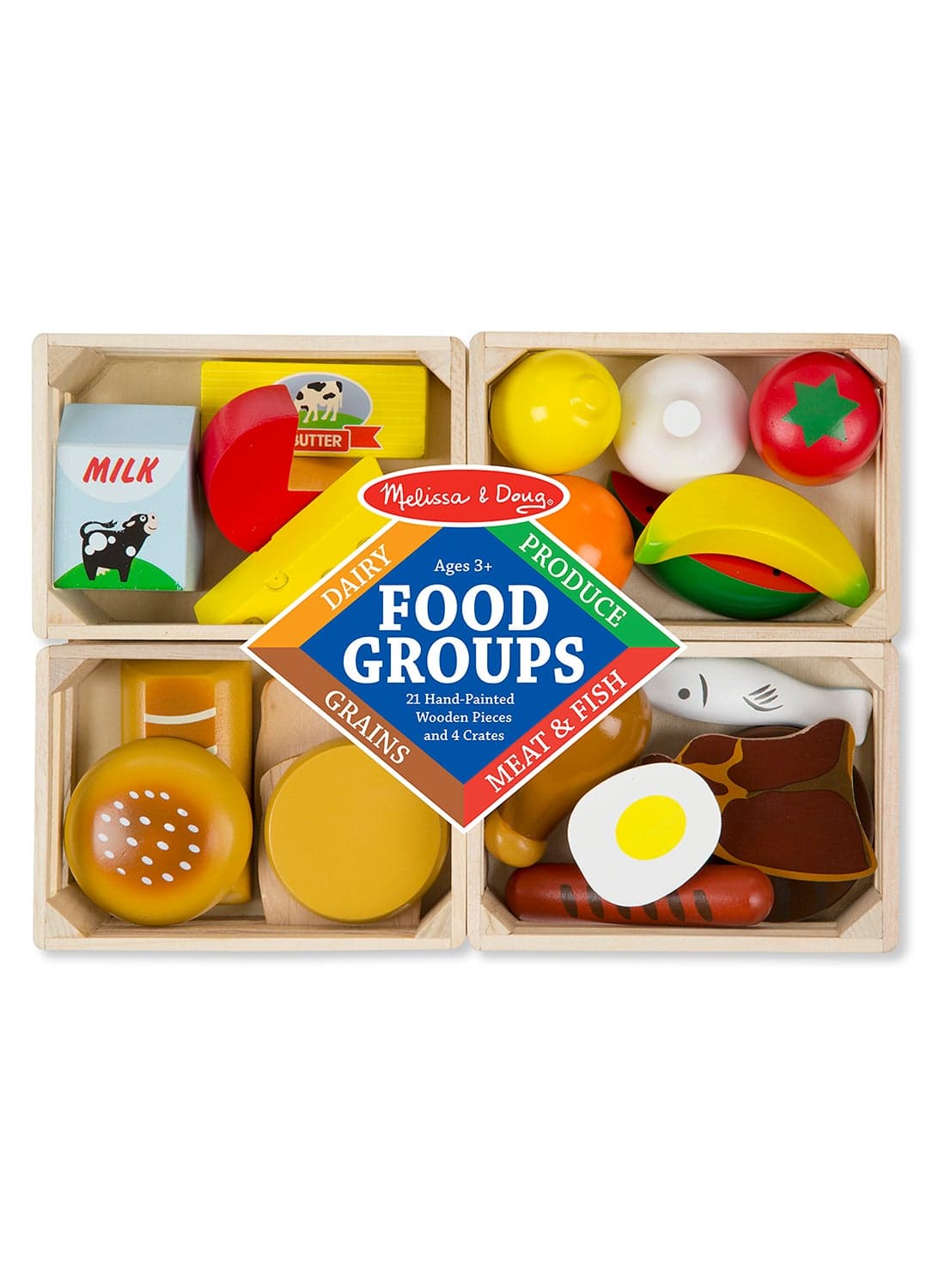Food Groups - 21 Wooden Pieces and 4 Crates, Multi Play Food Sets For Kids Kitchen, Pretend Food, Toy Food For Toddlers And Kids Ages 3+