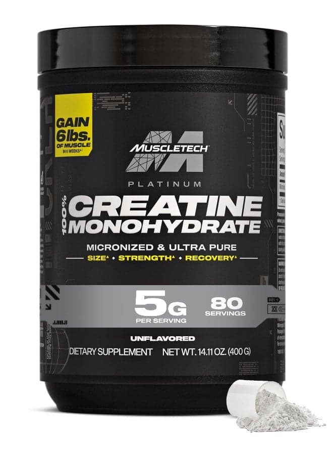 Platinum 100% Creatine Monohydrate Micronized & Ultra Pure - Gain 6 lbs of Muscle - 5g Per Serving - 80 Servings - Unflavored - Dietary Supplement - Net Wt 14.11 oz (400g)