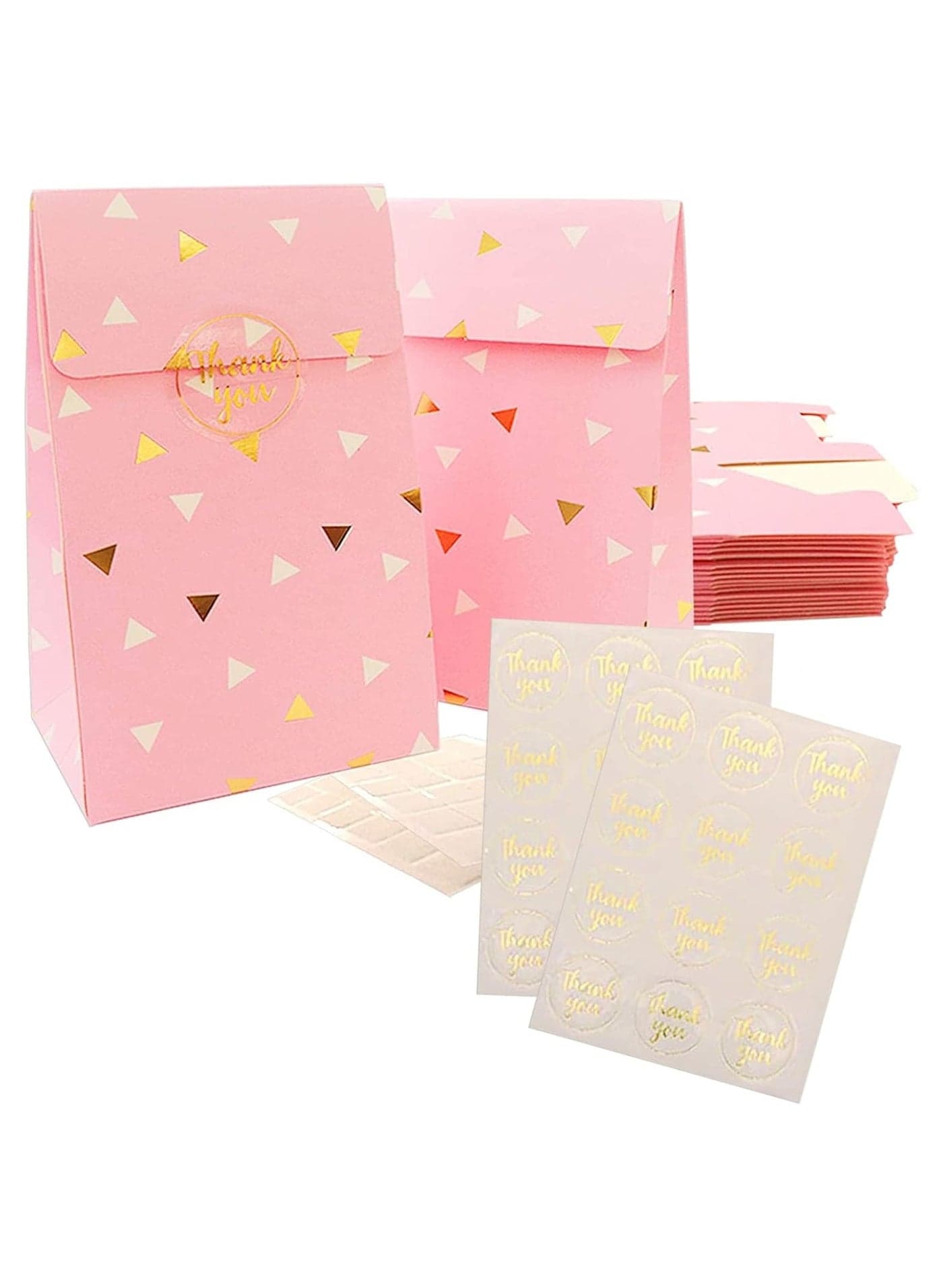 24 Pack Gift Bags Paper Goodies Bags - Party Favor Bags in 6 Assorted Designs, Pink Treat Bags with Gold Foil for Parties, Baby Shower, Wedding and Bridal Showers, Stickers and Sealer Included
