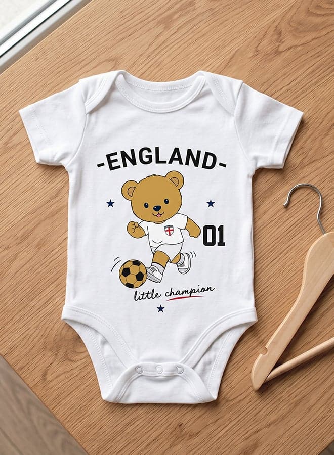 FIFA England Football Printed Unisex Baby Onesie, Little Champion Teddy Graphic, Soft Cotton Infant Bodysuit - White