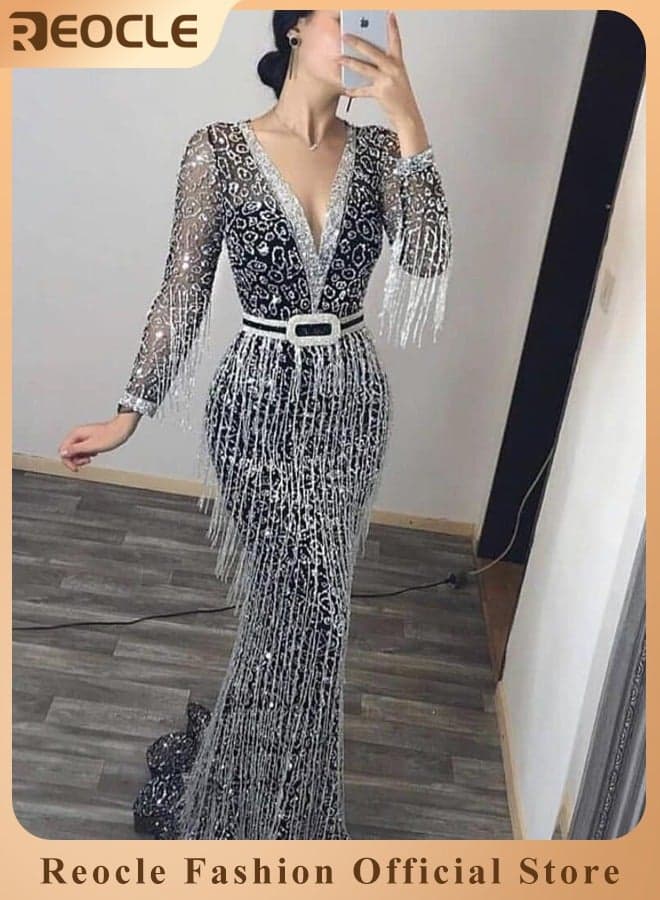 Women's Sequin Dress Deep V-neck Glitter Bodycon Stretchy Evening Dress Long Sleeve Tassel Dress Party Dress Cocktail Dress for Ladies