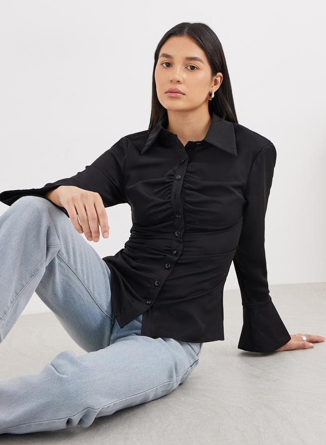 Styli Black Gathered Shirt with Bell Sleeve