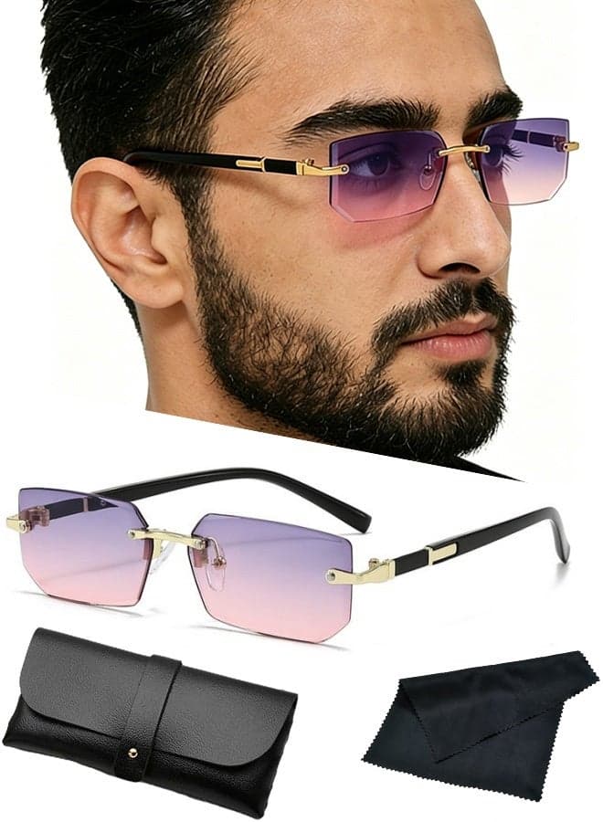 New Rimless Fashion Trend Sunglasses with Glasses Case and Cleaning Cloth UV Protection Unisex Style for Beach Trips Daily Commutes Outdoor Sports Travel Adventures Festive Gatherings Casual Outings,Upper Gray and Lower Pink