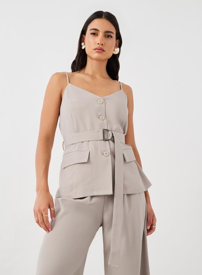 Solid Strappy Belted Waistcoat