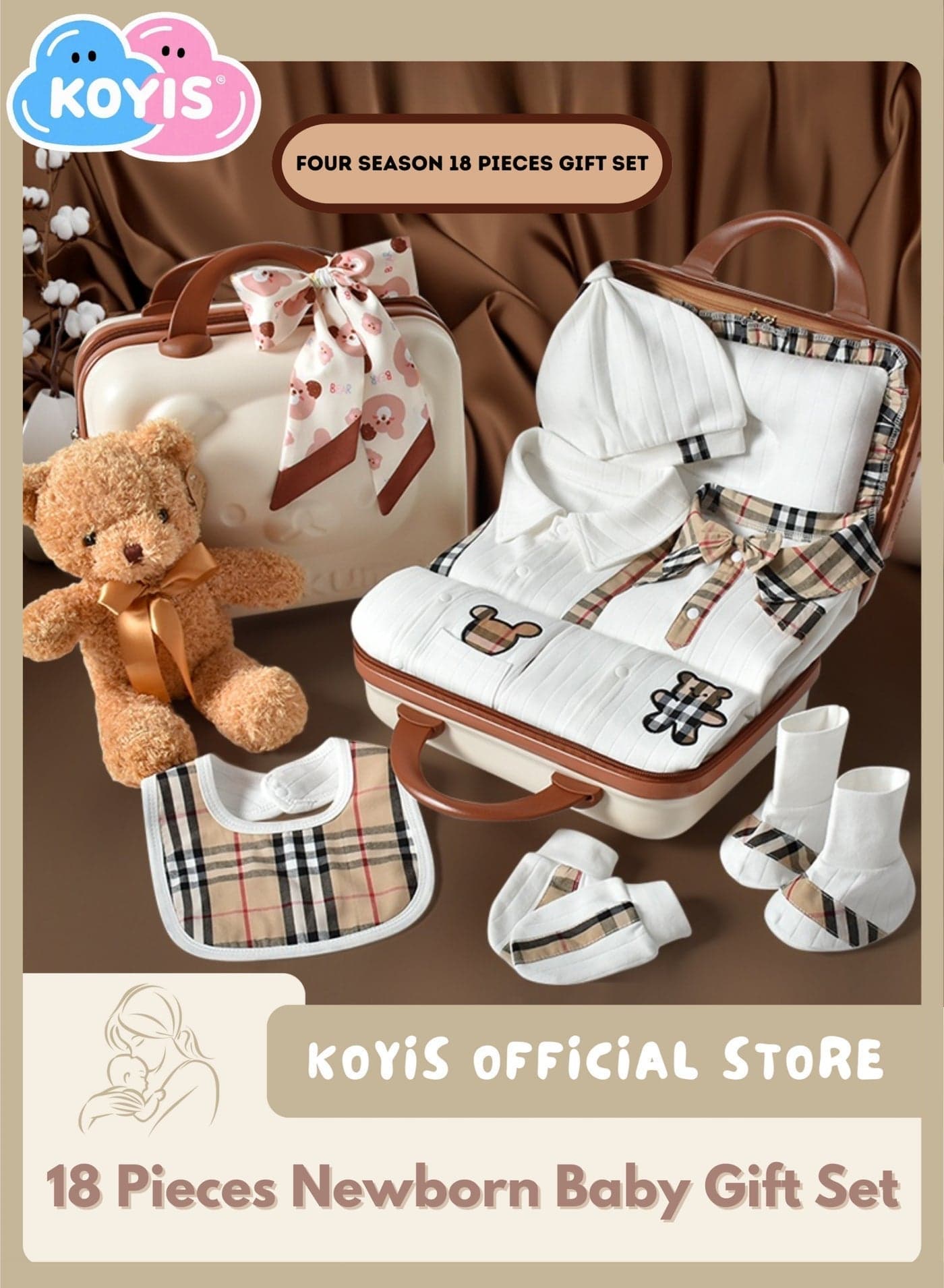 18 PCS Baby Gift Set Suitcase-100% Cotton Baby Clothes, Hat, Socks, Toy, Blanket & Newborn Essentials, Four Seasons Spring Summer Autumn Winter, Use for Boys & Girls, 0-3 Months - Luxury Bear