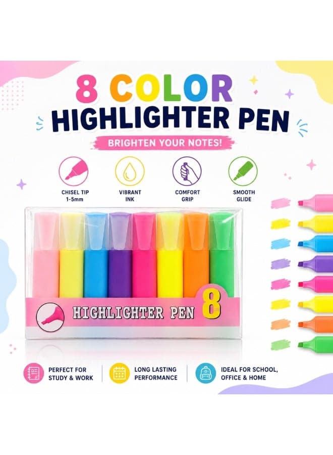 Set of 8 Highlighters Pens –Fluorescent Chisel Tip Highlighter Markers for School, Office & Study Notes – Quick Dry Smooth Ink Marker Pens for Highlighting Books, Journals, Planners and Documents (Multicolour)
