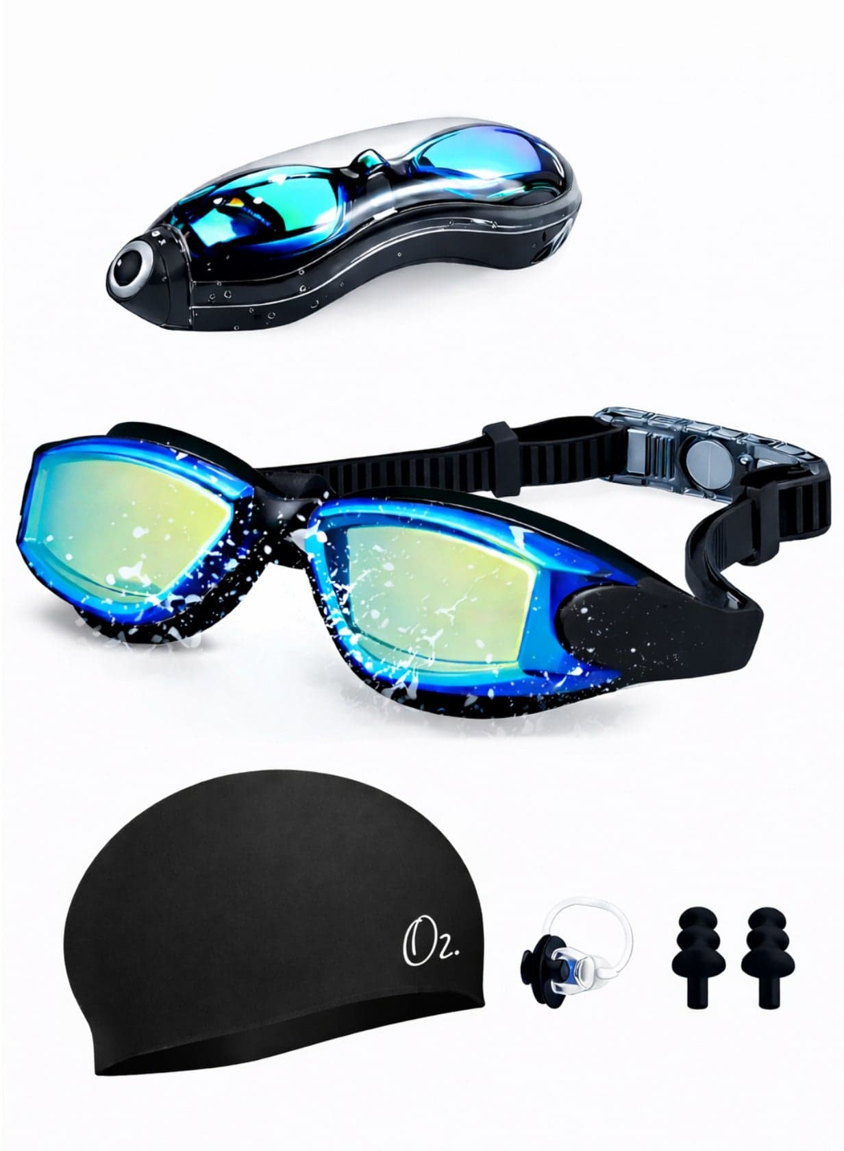 5 in 1 Anti-fog Swimming Goggles - Swimming Goggles Set with Swimming Cap, Ear Plugs, Nose Clip, Leak-proof Swimming Goggles - Waterproof Swimming Goggles, Effectively Block UV Rays - Suitable for Men, Women