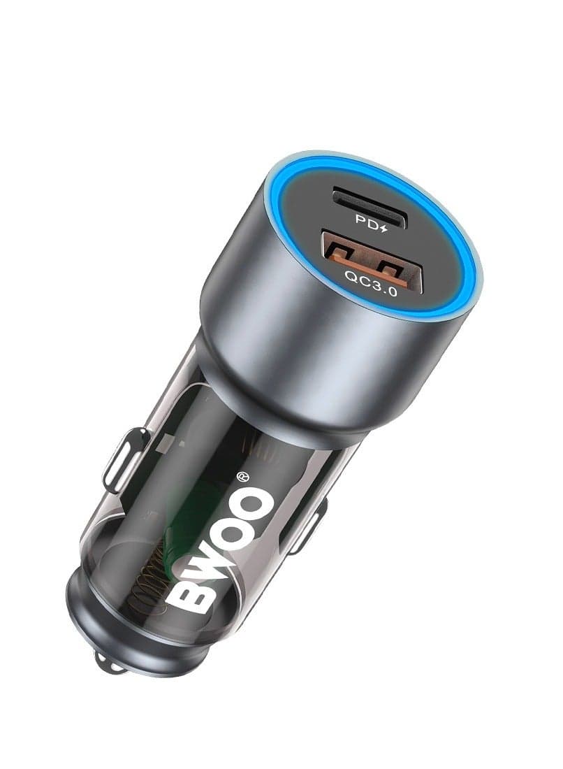 Bwoo Fast Car Charger, 45W USB-C Car charger 2 Ports Transparent & Grey